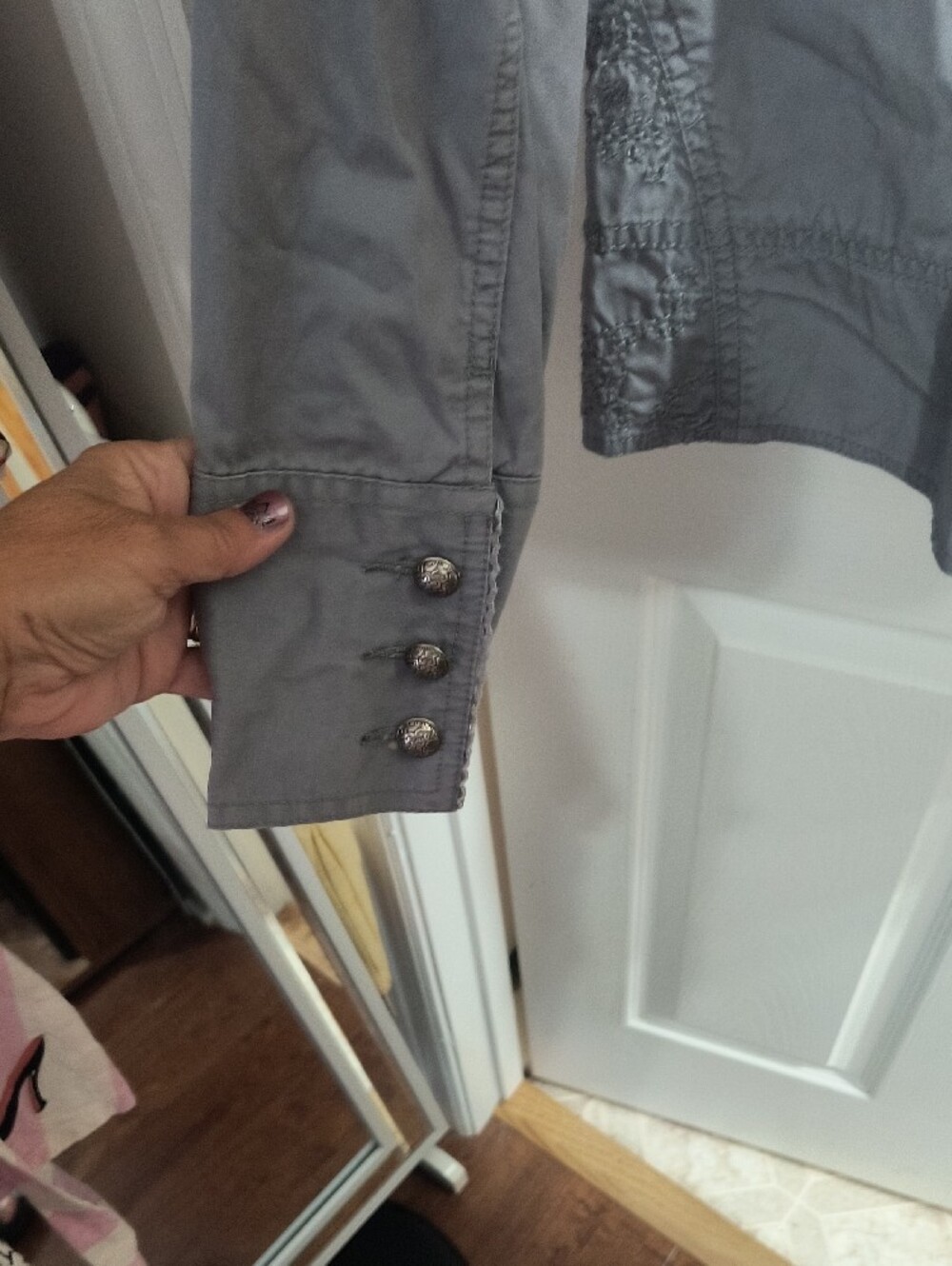Chico's Light Gray Ruffled Button-Front Jacket - Picture 3 of 5